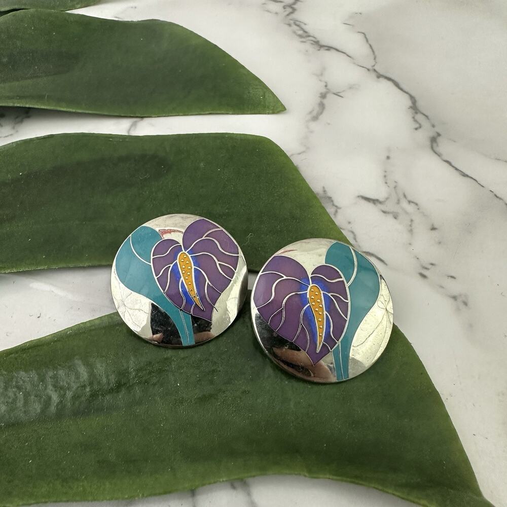 Laurel Burch Vintage Antherium Earrings Purple Silver Floral Enamel Stud Round